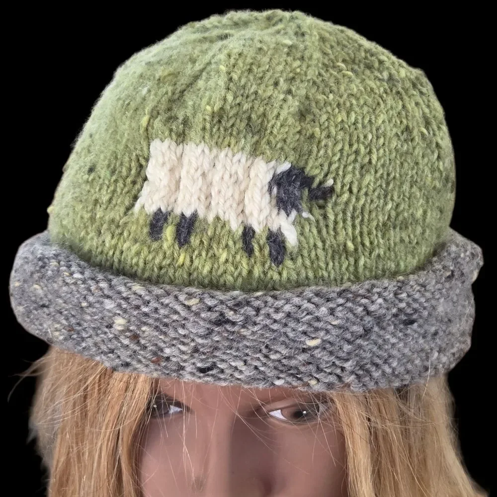 Hand-Knit Wool Beanie Ireland Artisan Sheep Motif Winter Hat NWOT Green Gray